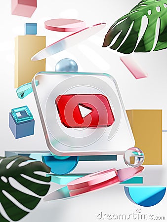 Youtube Icon Geometric Shapes with Glassmorphism Square Glass and Monstera Leaf 3D Render Editorial Stock Photo