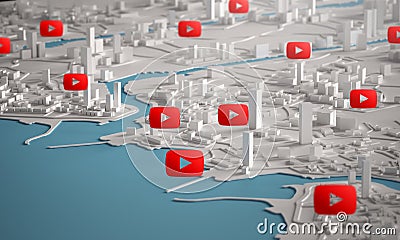 Youtube Icon Over Aerial View of City Buildings 3D Rendering Editorial Stock Photo