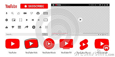 Youtube, youtube kids, YouTube Music, YouTube TV, YouTube VR, Youtube Shorts. Subscribe button icon with arrow cursor. Official Vector Illustration