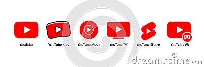 Youtube, youtube kids, YouTube Music, YouTube TV, YouTube VR. Subscribe button icon with arrow cursor. Official logotypes of Vector Illustration