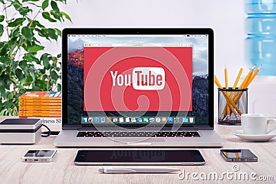 YouTube logo on the Apple MacBook Pro display Editorial Stock Photo