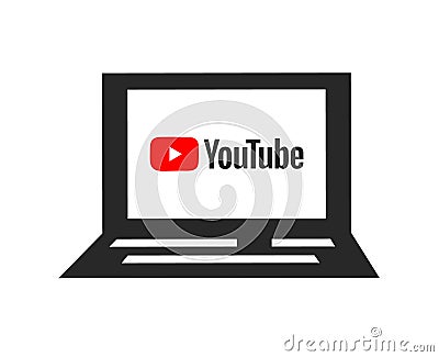 YouTube logo on screen. Laptop icon. Social media and video sharing sign. Vector Illustration