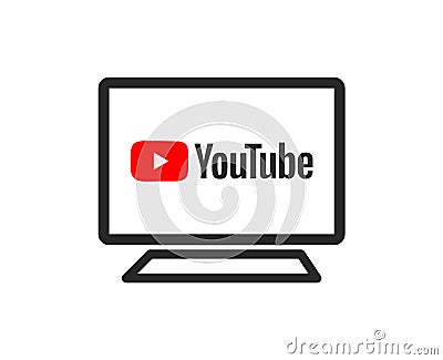 YouTube logo on screen. Social media and video sharing icon with monitor. Vector Illustration