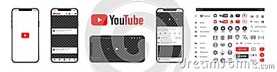 Youtube. Youtube mobile App interface template on Apple Iphone mockup. Mobile ui social speech bubbles. Editorial vector Cartoon Illustration