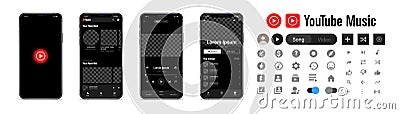 Youtube. Youtube music. App interface template on Apple Iphone mockup. Mobile ui social speech bubbles. Editorial vector Cartoon Illustration