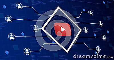 Youtube social network icon connecting the system with other users, on a technological background with code elements 3d Editorial Stock Photo