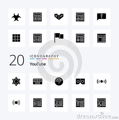 20 Youtube Solid Glyph icon Pack like essential movie basic vr 3d Vector Illustration