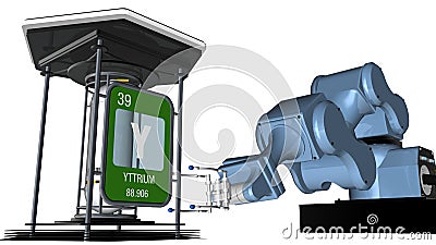 Yttrium symbol in square shape with metallic edge in front of a mechanical arm that will hold a chemical container. 3D render. Stock Photo