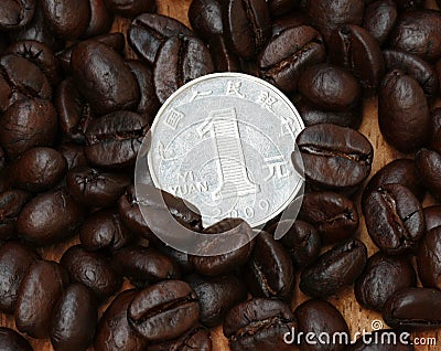 1 yuan coin on coffee bean Stock Photo