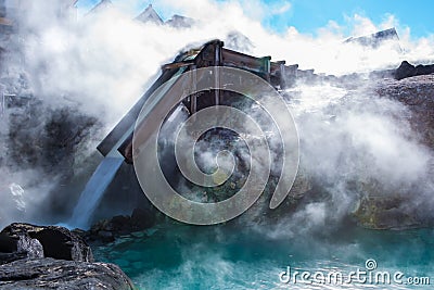 Yubatake hot spring in Kusatsu onsen. Stock Photo