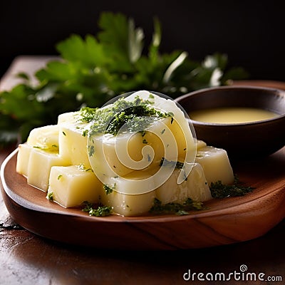 Yuca con Mojo: Boiled Yuca with Zesty Garlic-Lime Sauce Stock Photo