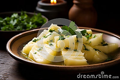 Yuca con Mojo: Boiled Yuca with Zesty Garlic-Lime Sauce Stock Photo