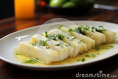 Yuca con Mojo: Boiled Yuca with Zesty Garlic-Lime Sauce Stock Photo