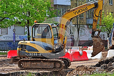 YUCHAI YC55-8 Excavator. Road Maintenance Works in Russia. Editorial Stock Photo