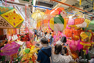 Selling traditional mid autumn lantern in wet market in Hong Kong Editorial Stock Photo