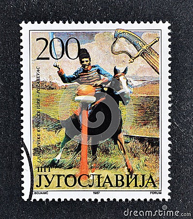 Cancelled postage s tamp printed by Yugoslavia, that shows Sinjska Alka competition Editorial Stock Photo