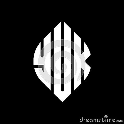 YUK circle letter logo design with circle and ellipse shape. YUK ellipse letters with typographic style. The three initials form a Vector Illustration