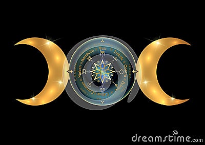 Triple moon Wicca pagan goddess, wheel of the Year is an annual cycle of seasonal festivals. Wiccan calendar and holidays. Compass Vector Illustration