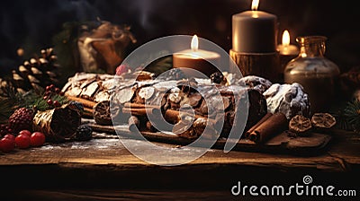 Yule celebration with traditional Yule log, candle light, holly berries, decorations on the table, selected focus Stock Photo