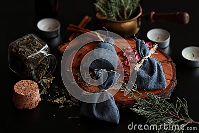 Yule winter solstice Christmas celebration themed magick spell bags Stock Photo