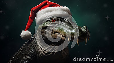 Yuletide Gator: Alligator Sporting a Festive Christmas Hat Stock Photo