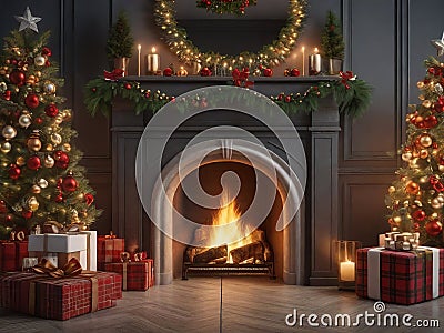 Yuletide Harmony: Christmas Tree Next to Fireplace. Stock Photo