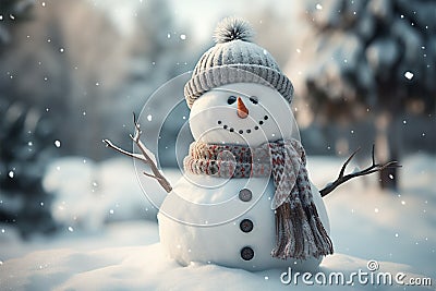 Yuletide joy Snowman in winter landscape, space for festive text Stock Photo