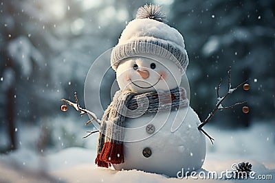 Yuletide joy Snowman in winter landscape, space for festive text Stock Photo