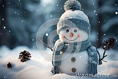 Yuletide joy Snowman in winter landscape, space for festive text Stock Photo