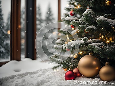 Yuletide Tranquility: Christmas Tree in a Snowy Oasis Stock Photo