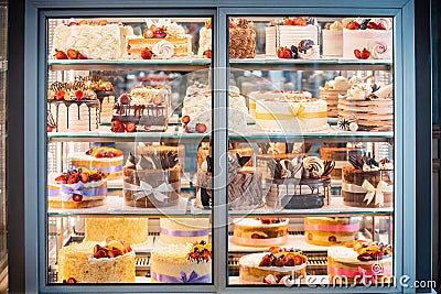 yummy assortment baked pastry in bakery. Various Different Types Of Sweet Cakes In Pastry Shop Glass Display. Good Stock Photo