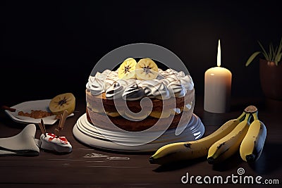 yummy banana cake with cream cheese with sliced banana Stock Photo