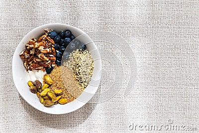 Yummy bowl of yogurt with blueberries pecans pistachios flaxseed and hemp hearts Stock Photo