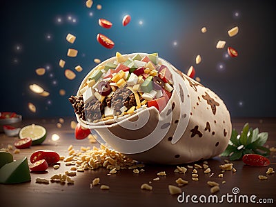 Delicious yummy burritos, breakfast lunch or dinner meal, with warm tortillas. Advertising photography Stock Photo