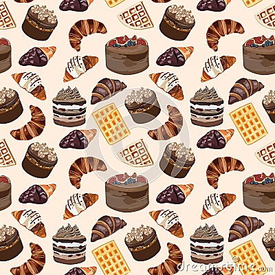 Yummy colorful cake, croissant, waffles of coffee seamless pattern, light yellow. Vector Illustration