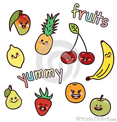 Yummy colorful fruits. Cute stickers for design. Kawaii vector illustrations Vector Illustration