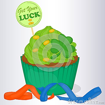 Yummy cupcake for St. Patrick`s day with ribbons and good luck wishes. Vector Illustration