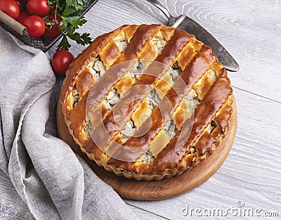 Yummy delicious homemade pie tart with chicken, close up, round Stock Photo