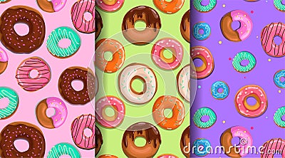 Yummy donuts with glaze seamless patterns set. Sweet food backgrounds collection. Vector Illustration