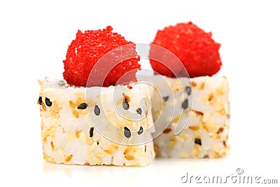 Yummy Japanese fusion rolls with sesame seeds topped with red ro Stock Photo