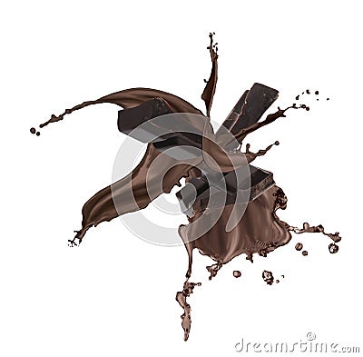 Yummy melted chocolate and falling pieces on background Stock Photo