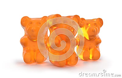 Gummy bears candy. Delicious, chewy jelly orange bears. Yummy gelatin candy. 3D rendering. Isolated on white background. Editorial Stock Photo