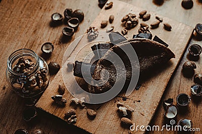 Yummy pancake with chocolate and nuts Stock Photo