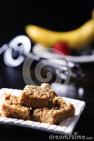 Yummy, Peanut Butter Marshmallow Squares with Egg Beater and Fruit Stock Photo