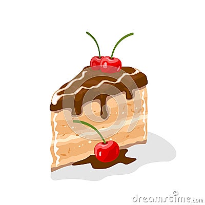 Yummy piece of layer cake, gateau coated by chocolate buttercream with cherries on top. Vector Illustration