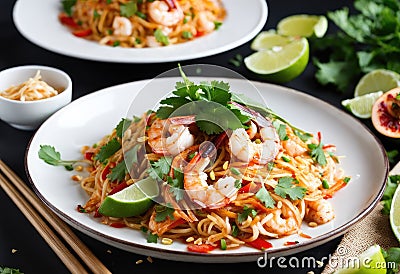 A yummy plate shrimp pad thai,but instead shrimp use diced nectarines Stock Photo