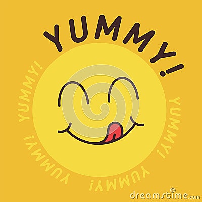 Yummy smile emoticon with tongue lick mouth. Tasty food eating emoji face. Delicious cartoon with saliva drops on yellow Vector Illustration