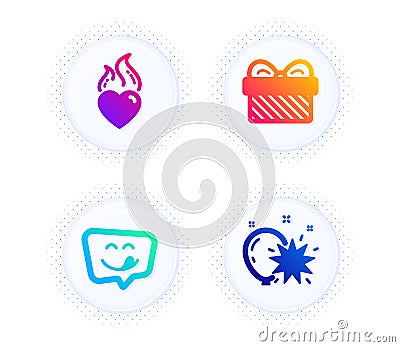 Yummy smile, Gift and Heart flame icons set. Balloon dart sign. Emoticon, Present, Love fire. Attraction park. Vector Vector Illustration