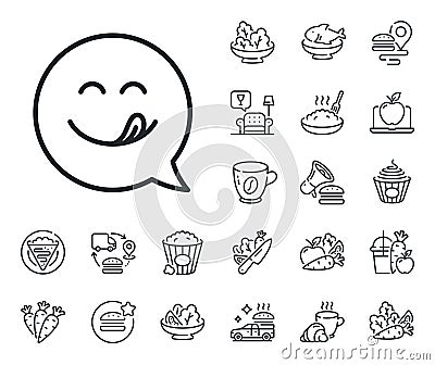 Yummy smile line icon. Emoticon with tongue sign. Speech bubble. Crepe, sweet popcorn and salad. Vector Stock Photo