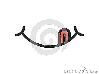 Yummy smile vector cartoon emoticon with tongue lick mouth. Delicious tasty food eating emoji line face on white background Vector Illustration